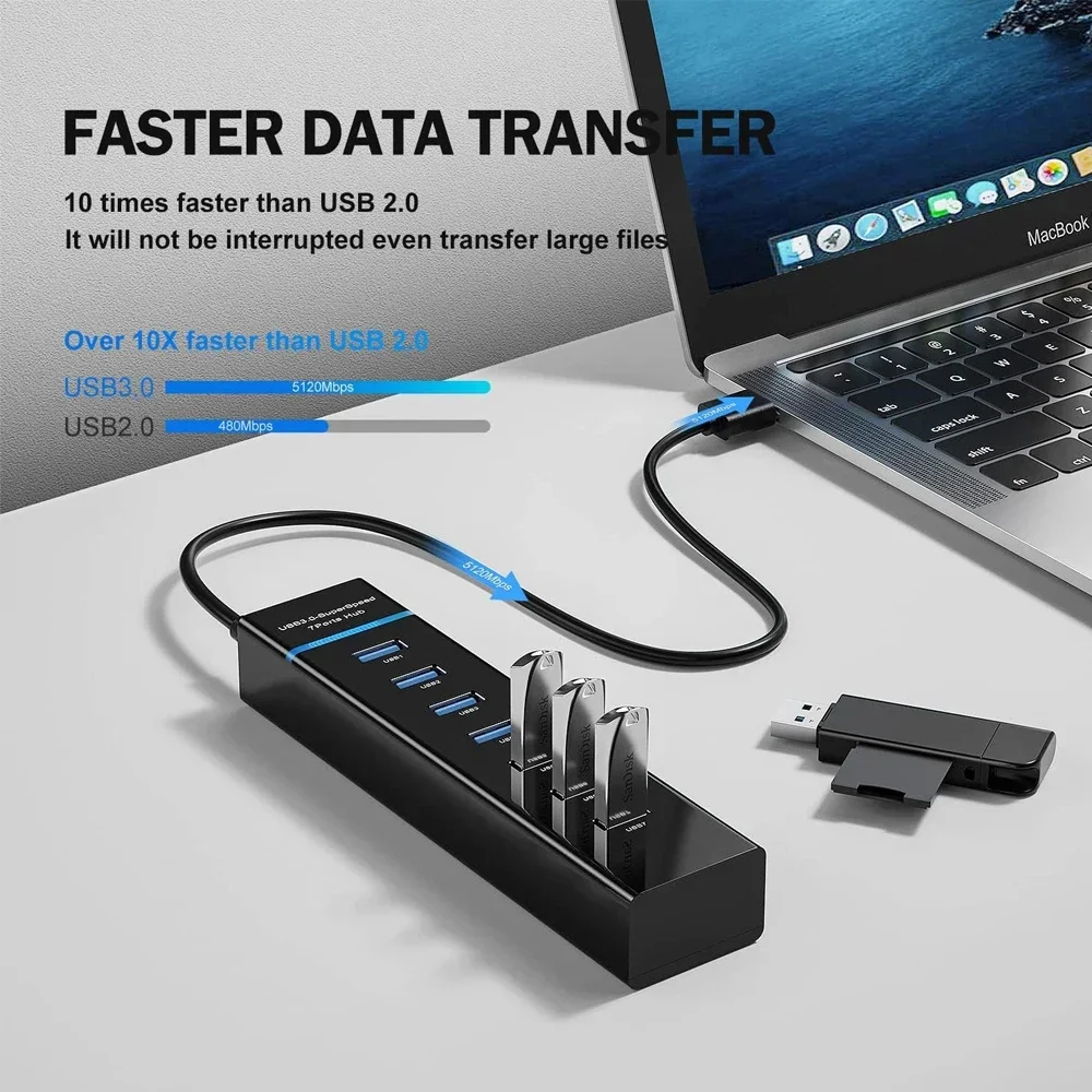 Concentrador de red USB 3,0 de 5Gbps, multipuerto de alta velocidad, 4 y 7 puertos, divisor para Lenovo, Xiaomi, Macbook Pro, PC, Accesorios para