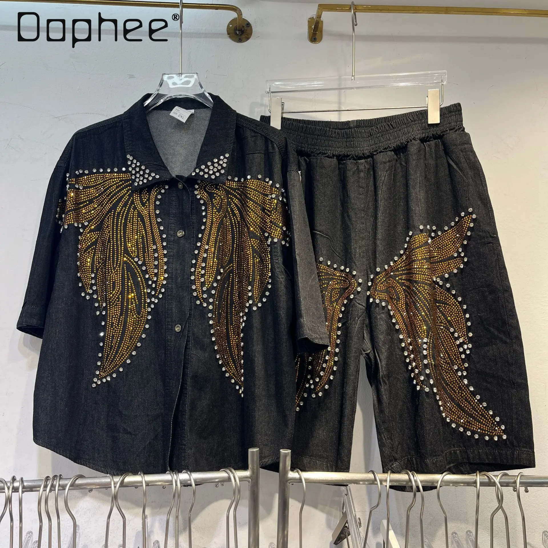 

Европейская станция, негабаритная повседневная рубашка для похудения, топ для женщин, прямые джинсовые шорты с тяжелым бисером и стразами, комплект из двух предметов