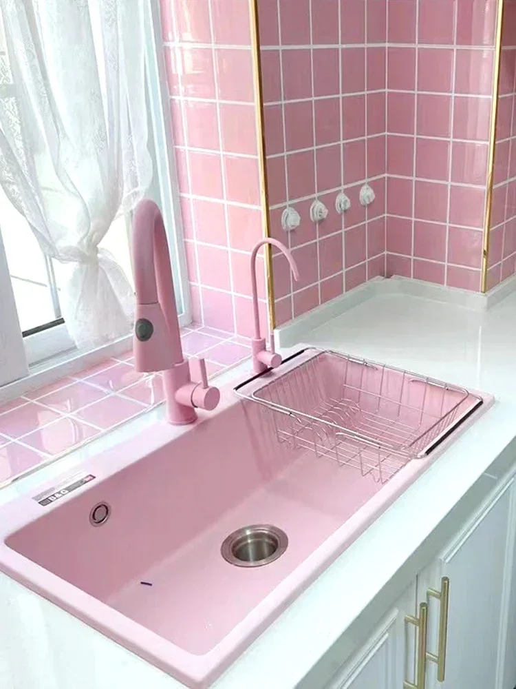 Light Pink Quartz Stone Large Single Sink Bar Basin Middle Island Basin Kitchen Counter Color Sink Washing Basin