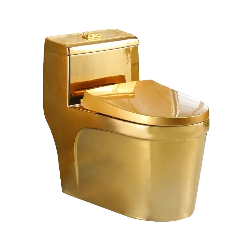 Luxury Modern Gold Ceramic One-Piece Commode Dual-Flush Bathroom Floor Mounted Toilet Electroplated Golden Finish WC P-Trap
