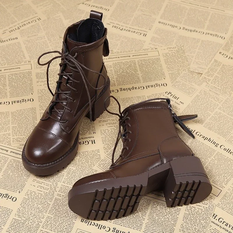 2024 New Fashion Solid Color Round Toe Lace-Up Thick Heel Women's Boots Back Zipper Fashion Boots Casual Zapatos De Mujer image 4