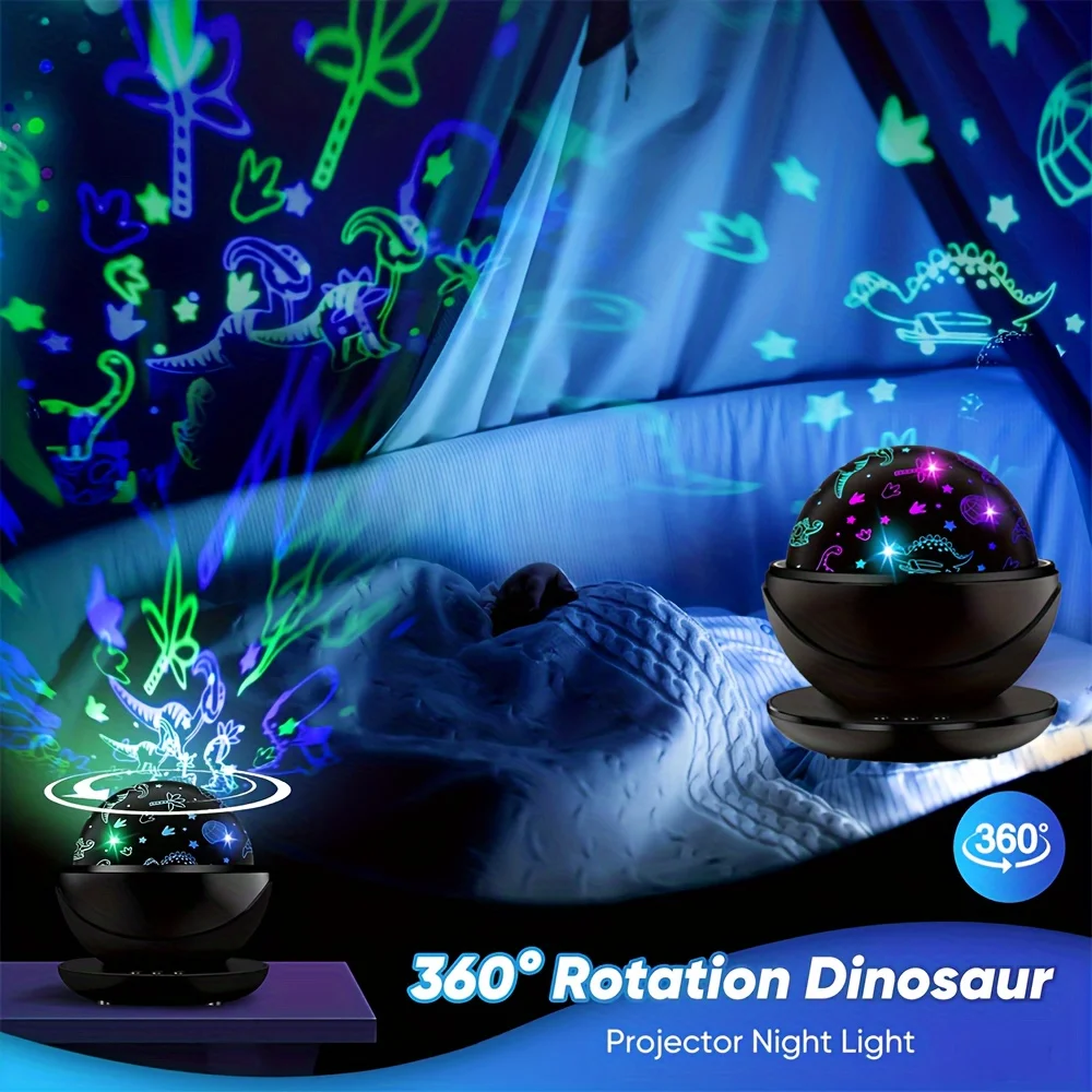 Proyector de luz nocturna para decoración de dormitorio, lámpara de dinosaurio giratoria de 360 ° con temática de planetas, 1 unidad