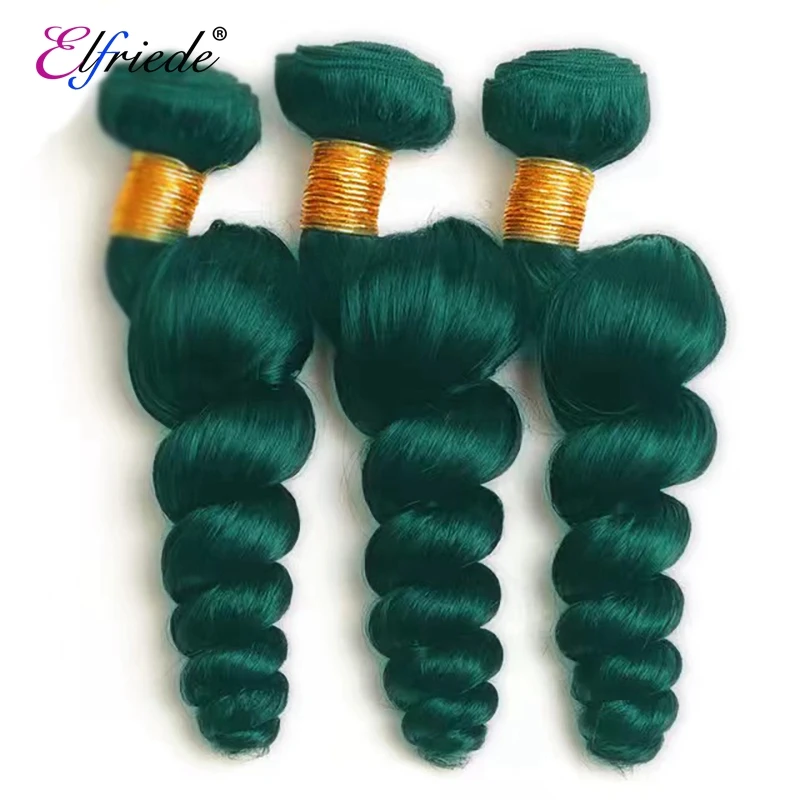 Elfriade-mechones de pelo ondulado con cierre, cabello humano brasileño Remy, 3 mechones con cierre de encaje transparente 4x4, color verde