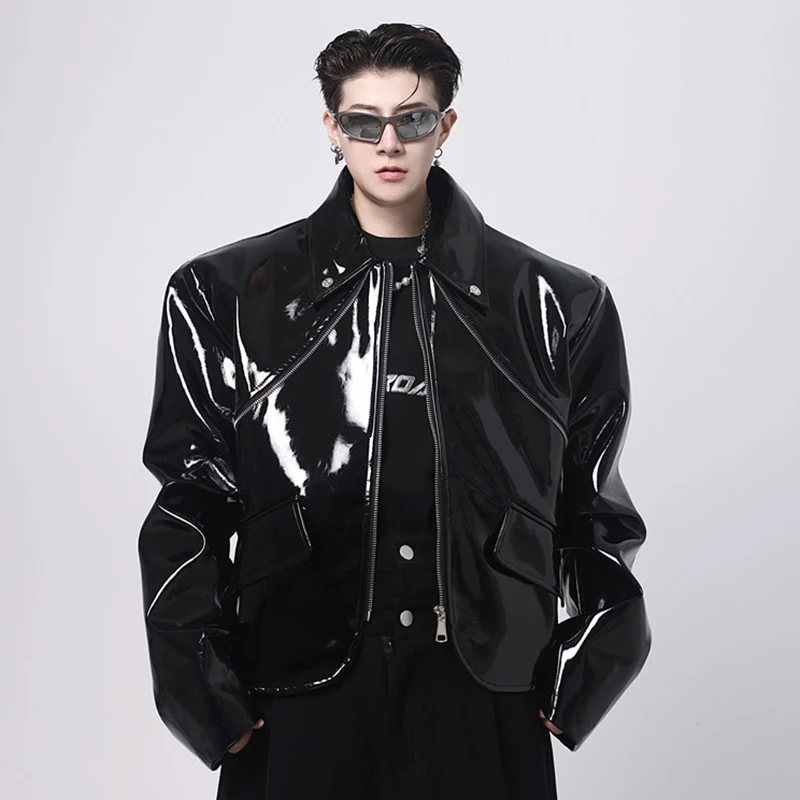 IEFB Personality Zipper Decoration High Street PU Bright Leather Short High Short Jacket Men 2023 Solid Color Darkwear 9A5826