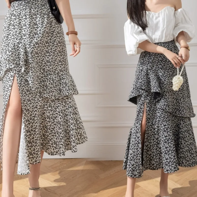 Summer Printed A-line Skirt for Women's Elastic High Waisted Slim Fit Irregular Ruffle Edge Split Middle Length Fishtail Skirts