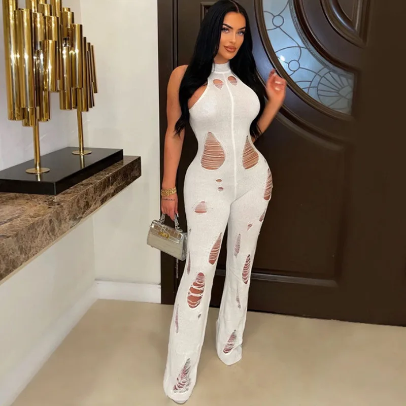 

Sexy Backless Halter Women Jumpsuits Fashion Hole Sleeveless Crochet Knitted Rompers Black Nightclub Party One Piece Overalls