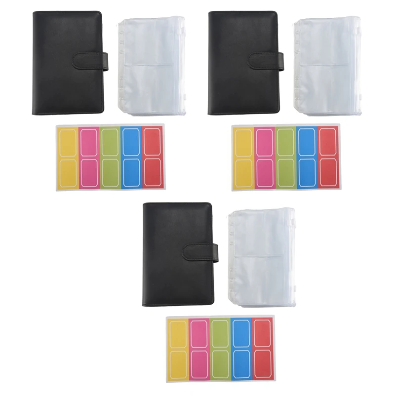 3X 14 Binder Bags A6 With Leather Binder Cover, 6 Rings Budget Binder With Cash Envelope, Money Saving Binder (Black)