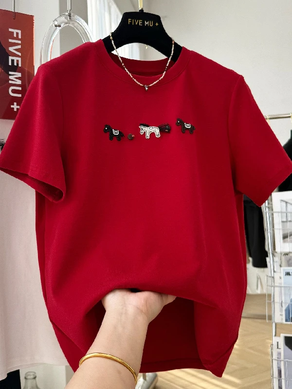 

plus Size Women's Short Sleeve T-Shirt Embroidered German Velvet Spring Autumn Style Casual Loose Fit Breathable Polyester