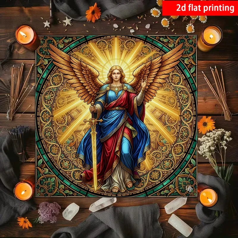 Tarot Cloth Astrology Sun Tarot Cloth Three Card Spread 2D flat printing, 1pc color imitation glass painting angel ornate view 3