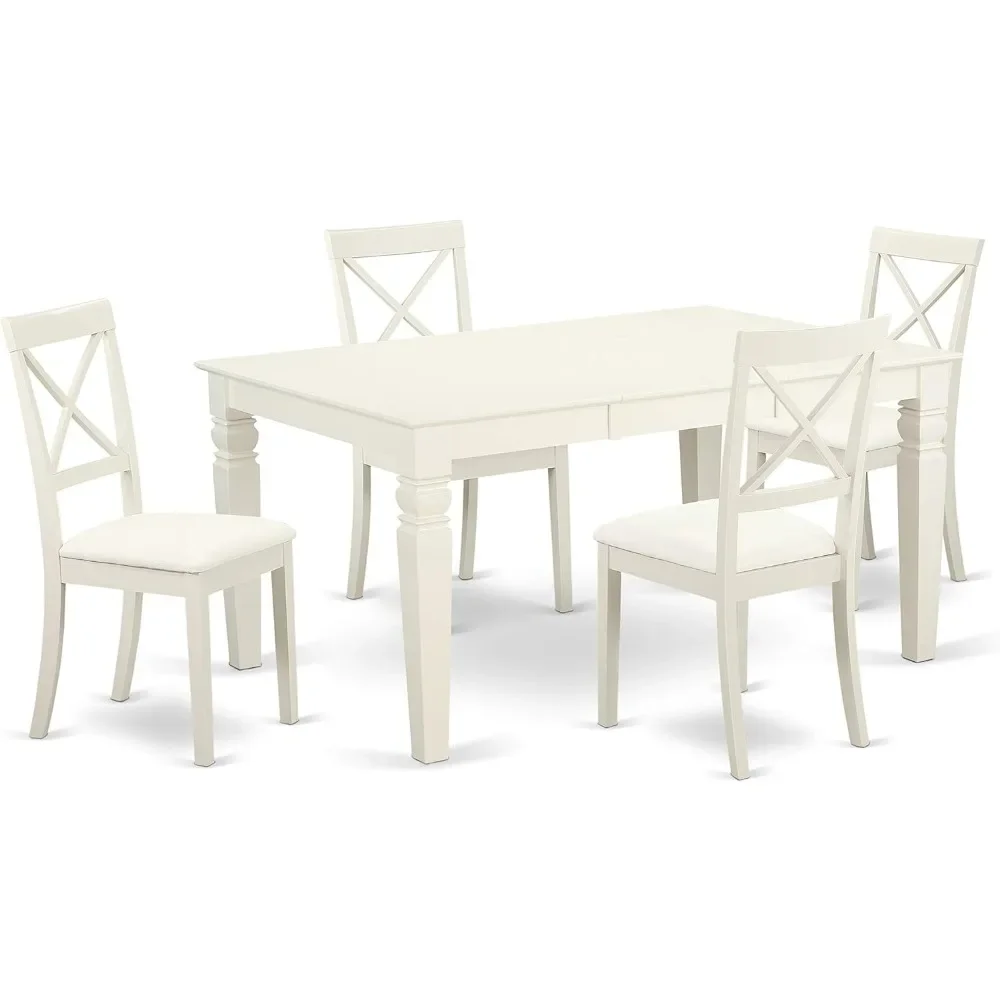 

Dining table with 5 rectangular set of butterfly leaves and 4 leather upholstered kitchen chairs, 42x60 inches, linen white