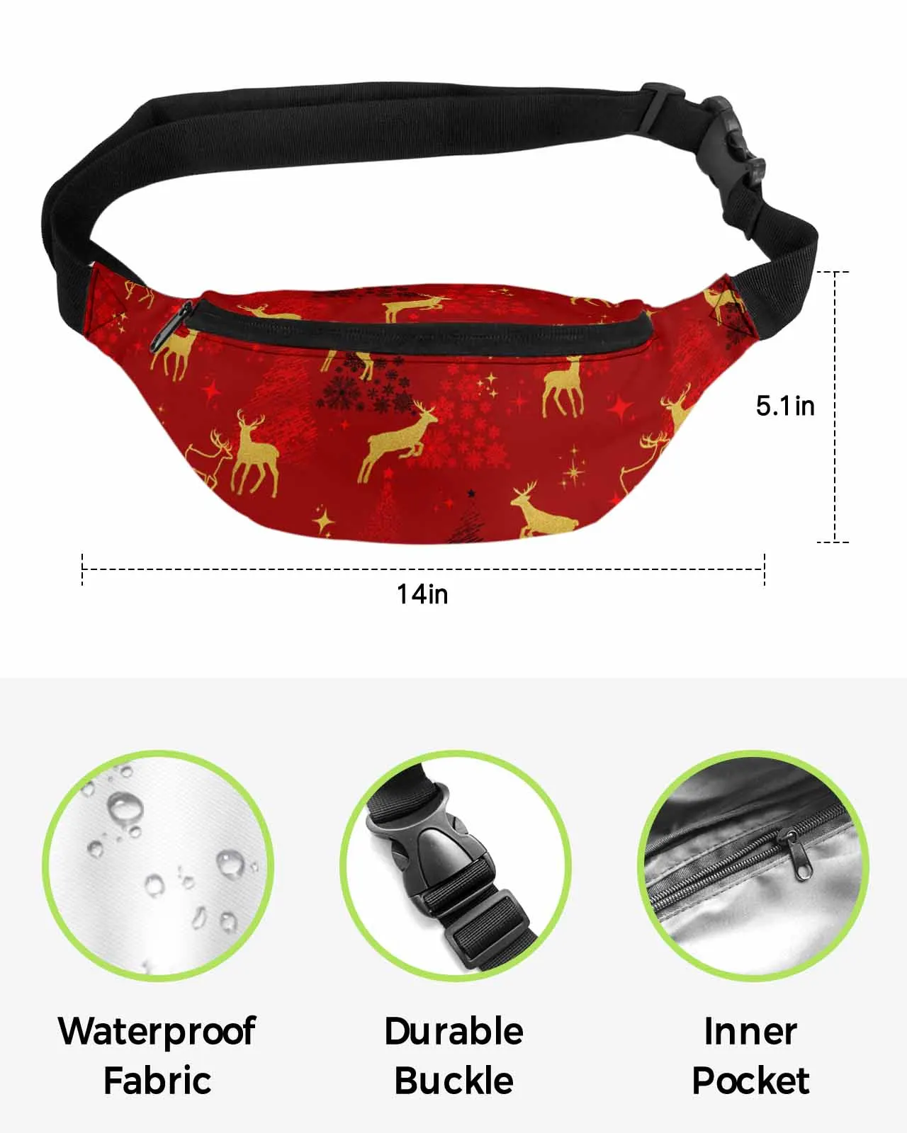 Christmas Deer Christmas Tree Star Red  Men Women Waist Bag Fanny Pack Belt Bag Wallet Pouch Waterproof Banana Hip Bags