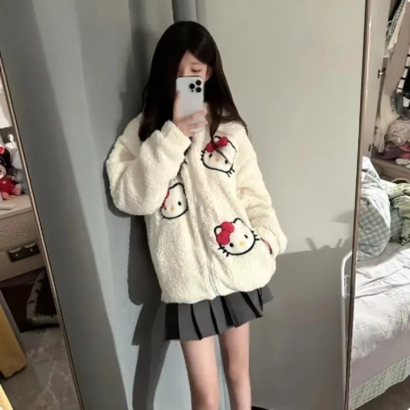 Sanrio Hello Kitty Lamb Wool Zip Up Coat Sweater For Women Winter Cute Thickened Japanese Harajuku Hoodie Y2k Girls Sweatshirt