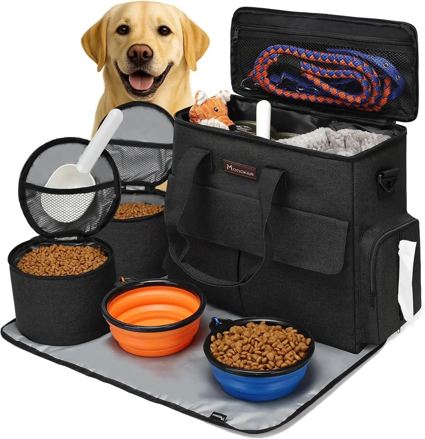 

Сумка для путешествий с собакой со складными мисками и контейнерами для еды для поездок с питомцами на выходные, черная