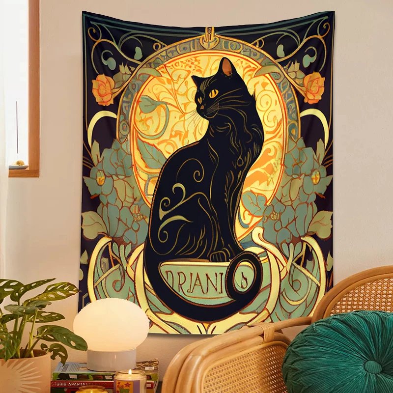 Divine Black Cat Tapestry Wall Hanging Rose and Sunbeam Art Nouveau Floral Wall Art Animal Bohemian Wall Decor Cat Lovers Gift