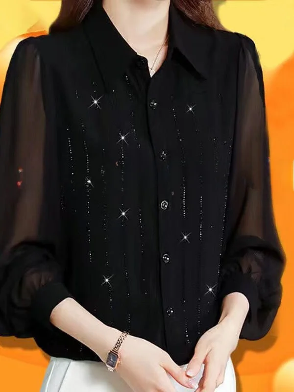 

Fashionable Pure Color Long Sleeve Women's Shirt Spring Autumn New Style Glittering Dazzling Mom Chiffon Blouse Casual Style
