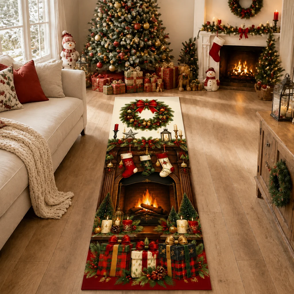 Christmas Series Corridor Running Track Carpet Staircase Landing Hallway Entrance Passage Kitchen Flannel Rug Festive Decoration