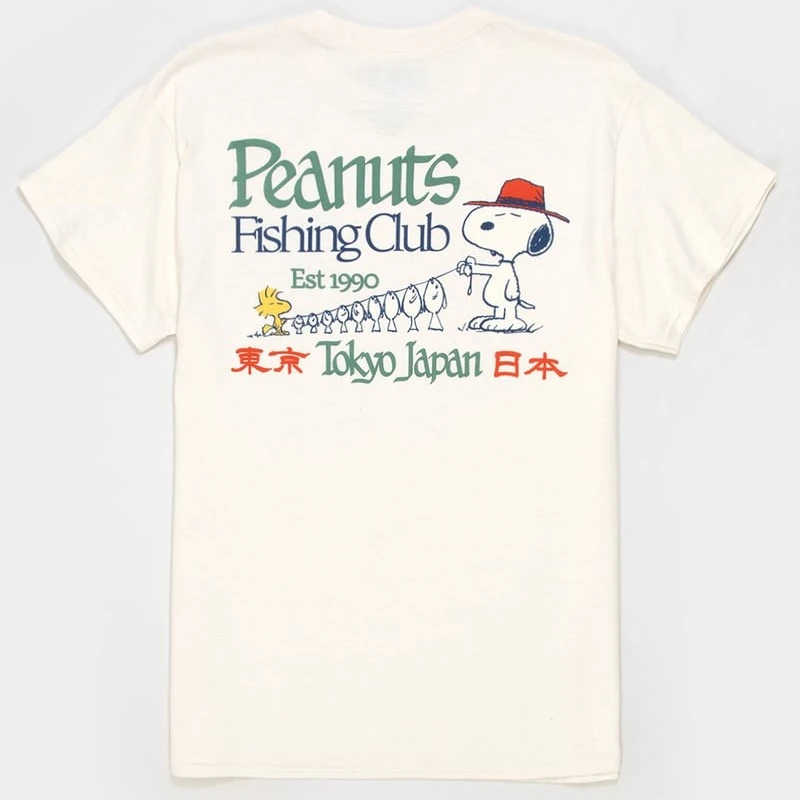 Peanuts Snoopy Woodstock Fishing Club Tokyo Japan Front Back Print Graphic T-Shirt Vintage Cartoon Men Women and Kids Casual Tee