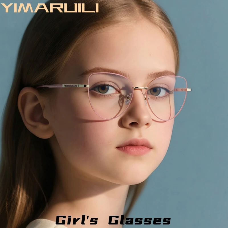 

YIMARUILI Children's Fashion Retro Cat Eye Glasses Frame Alloy Blue Light Blocking Optical Prescription Girls Eyeglasses 991501