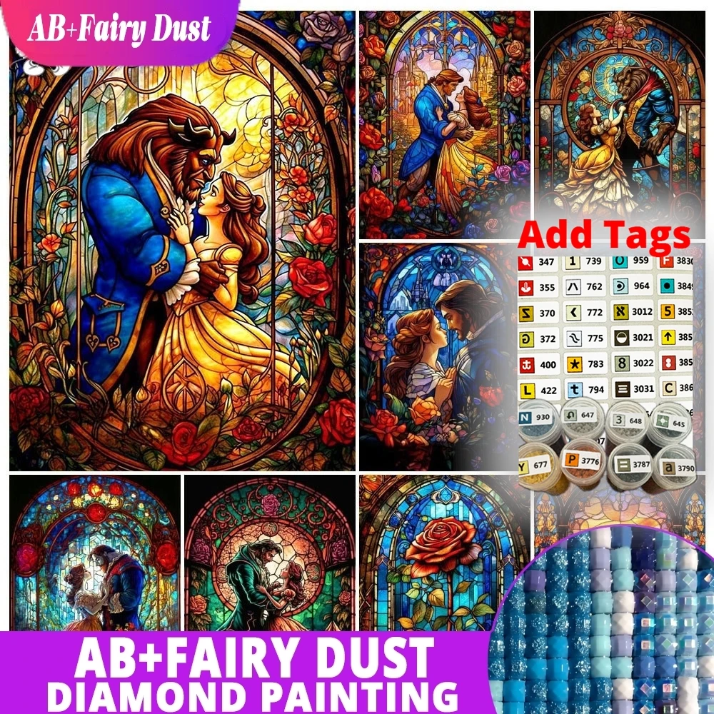 Pintura de diamante 5D AB Fairy Dust Disney, dibujos animados de La Bella y La Bestia, mosaico de diamantes redondo completo, retrato de rosa, regalo de decoración del hogar