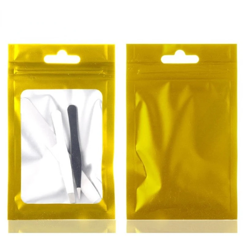Bolsa con cierre de cremallera para ventana de papel de aluminio dorado mate, bolsas de regalos doradas translúcidas, Hardware, cosméticos, lápices labiales, bolsas colgantes de joyería