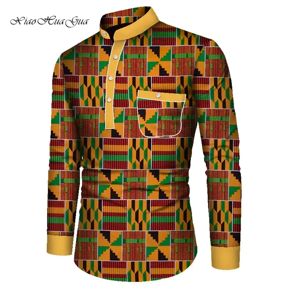 Bazin Riche Men Dashiki Shirt Traditional African Clothes for Men Long Sleeve Cotton Tops African Print Causal Shirts WYN861