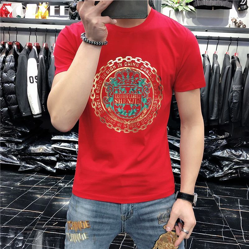 Men's Short Sleeved T-shirt Gold Stamping Printing Fashion Trend Silky Cotton Round Neck Slim Fit Male Tees Summer New Clothing