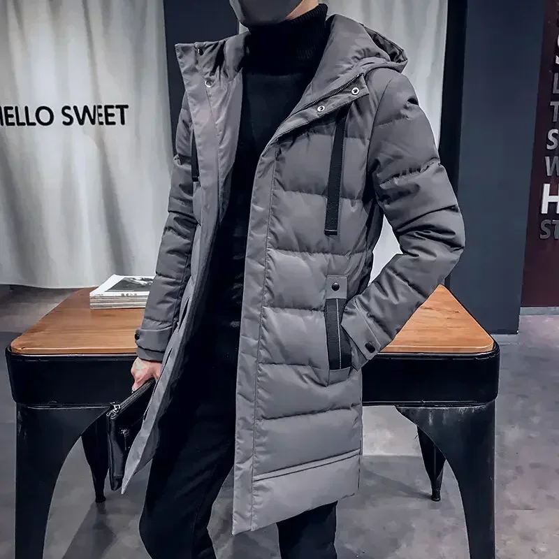 Jaqueta acolchoada monocromática masculina, Parka estilo longo, casaco com capuz à prova de vento, roupa de neve ao ar livre, clássica, grossa,