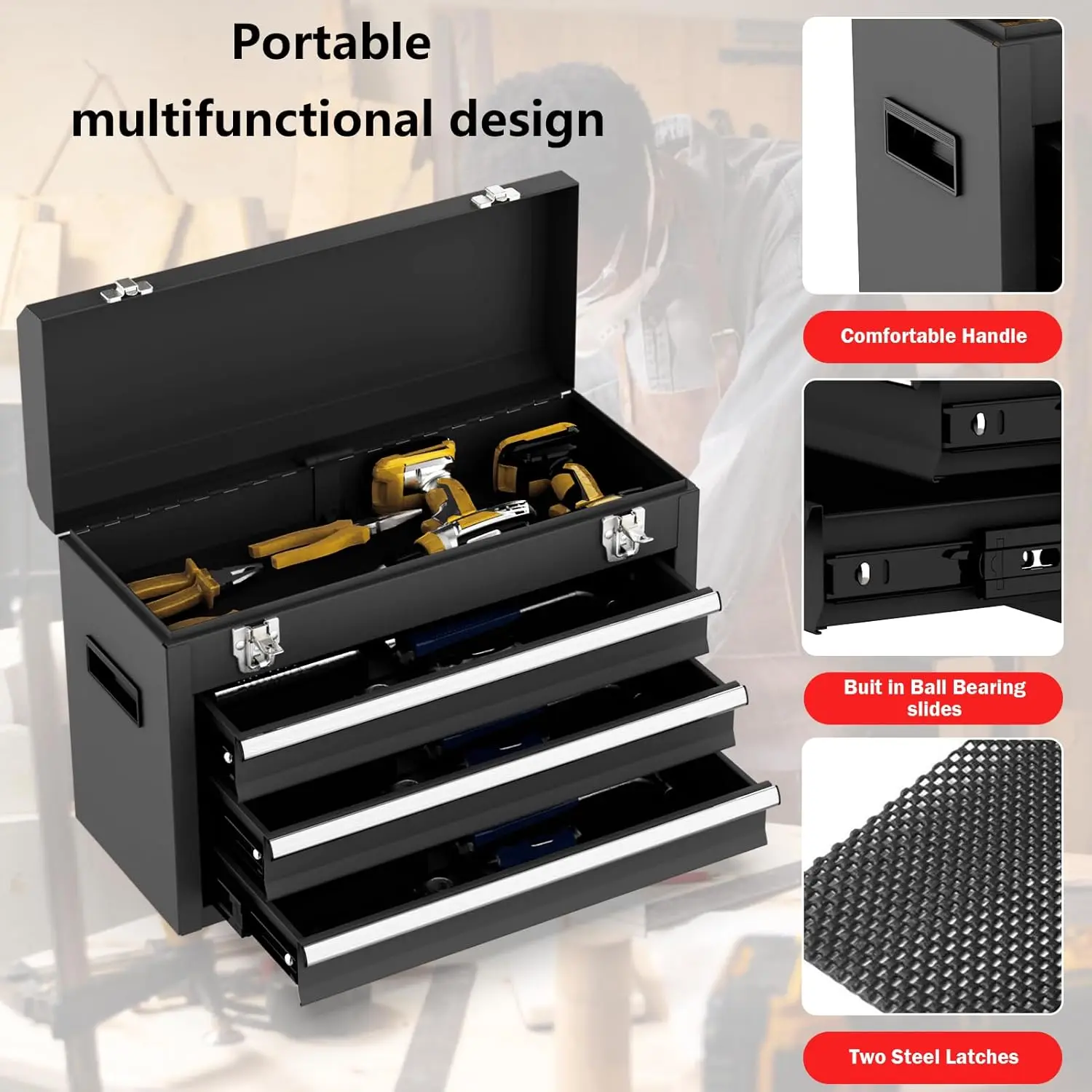 3-Drawer Heavy Duty Steel Tool Box with Ball Bearing Slides and Locking Mechanism, Portable Black Tool Chest