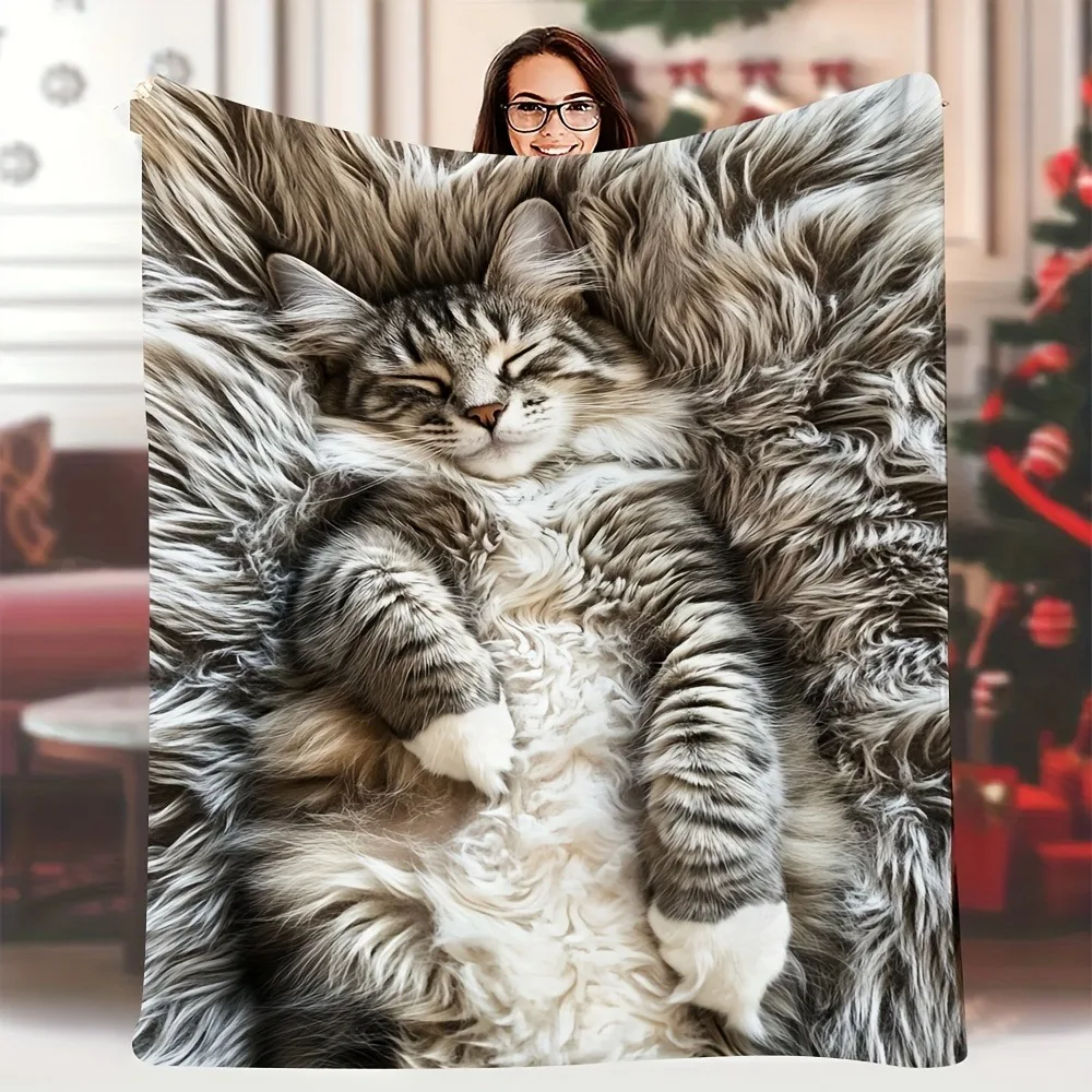 Realistic Sleeping Maine Coon Cat Flannel Blanket Ultra Soft Cozy Animal Throw Blanket for Bed Sofa Couch All Season Use