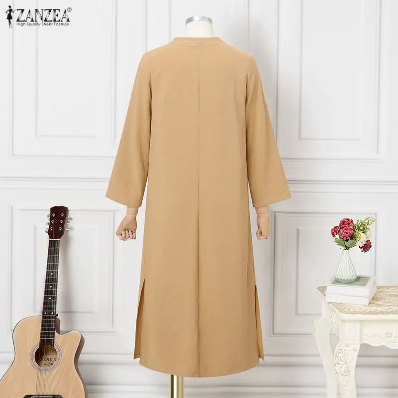 ชุดเดรสเชิ้ตแขนยาวแฟชั่น ZANZEA สำหรับผู้หญิง สไตล์ฤดูใบไม้ร่วง ดีไซน์หรูหรา ติดกระดุม สวมใส่สบาย ทรงแม็กซี่ รุ่น 2026 ฤดูใบไม้ผลิ คอทรงโอ ทรงหลวม สีพื้น