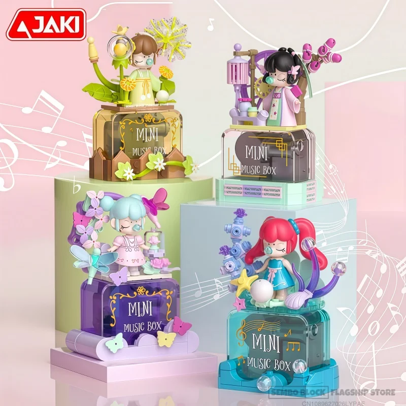 

JAKI Hand Cranked Music Box Assembling Building Blocks Kawaii Anime Cartoon Model Desktop Collectible Ornaments Christmas Gifts