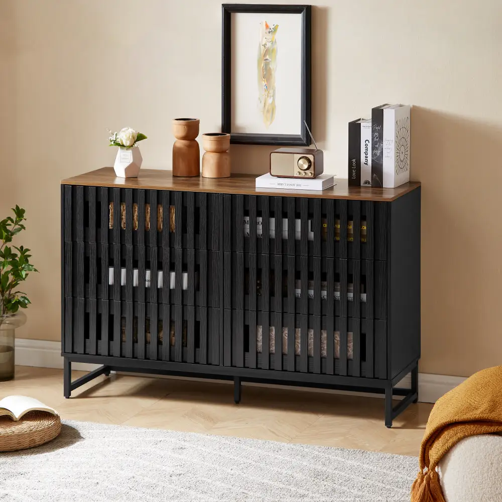 6 Drawer Double Dresser with Slatted Grille Striped Drawer, Modern Style Dresser, High-Quality MDF and Metal Leg