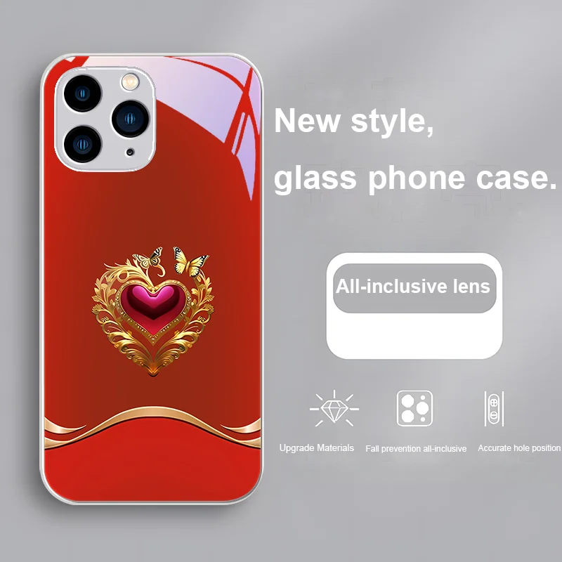 Chinese Red Love Butterfly Rose Purple For Iphone 15 14 13 12 11 Pro Max XS XR 7 8 Plus 2020 2022 SE Tempered Glass Phone Case
