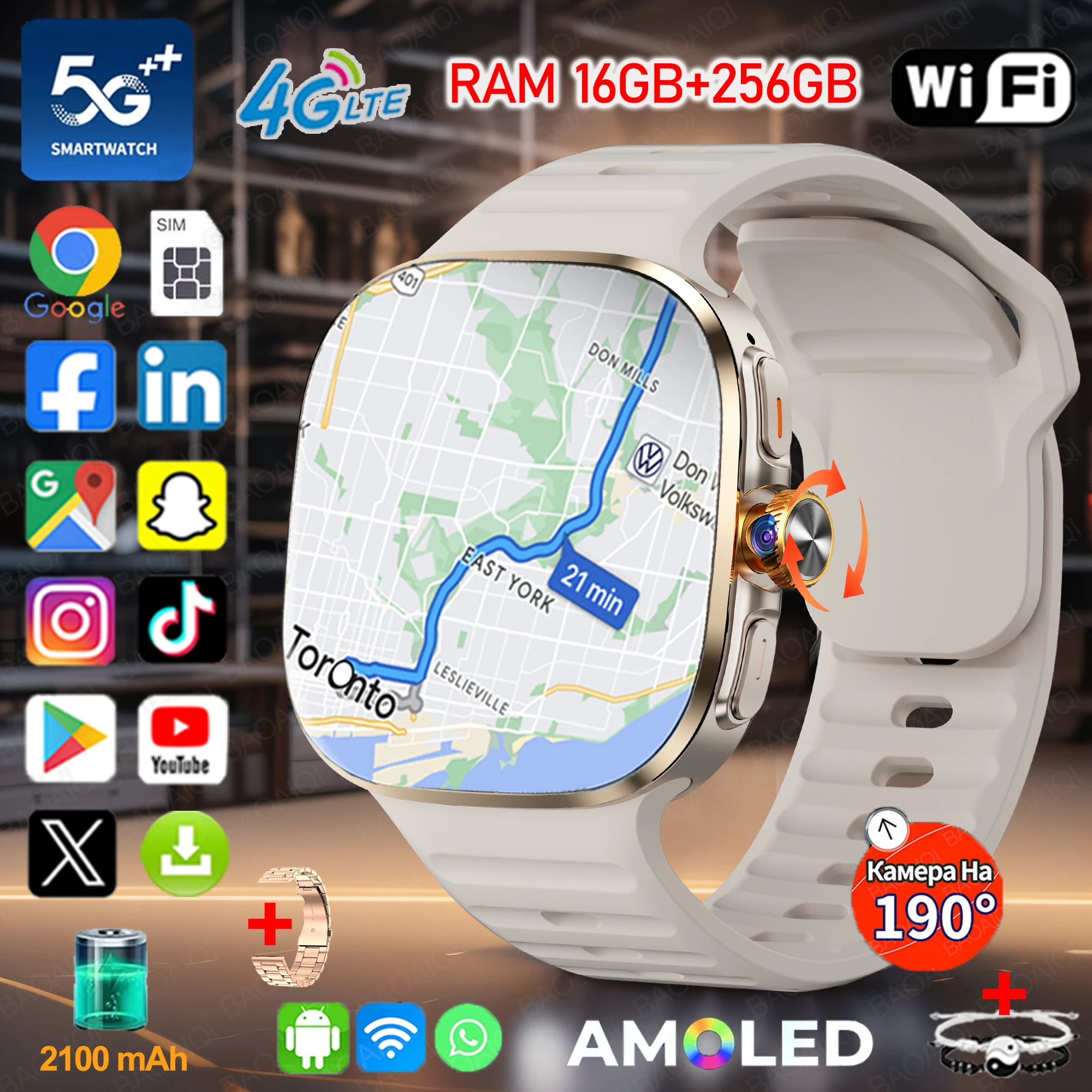 

5G/4G Android 10 Smart Watch GPS WIFI 2.40 inch AMOLED 8GB+128GB RAM 2100mah Battery 900W Camera Google APPS Download Smartwatch