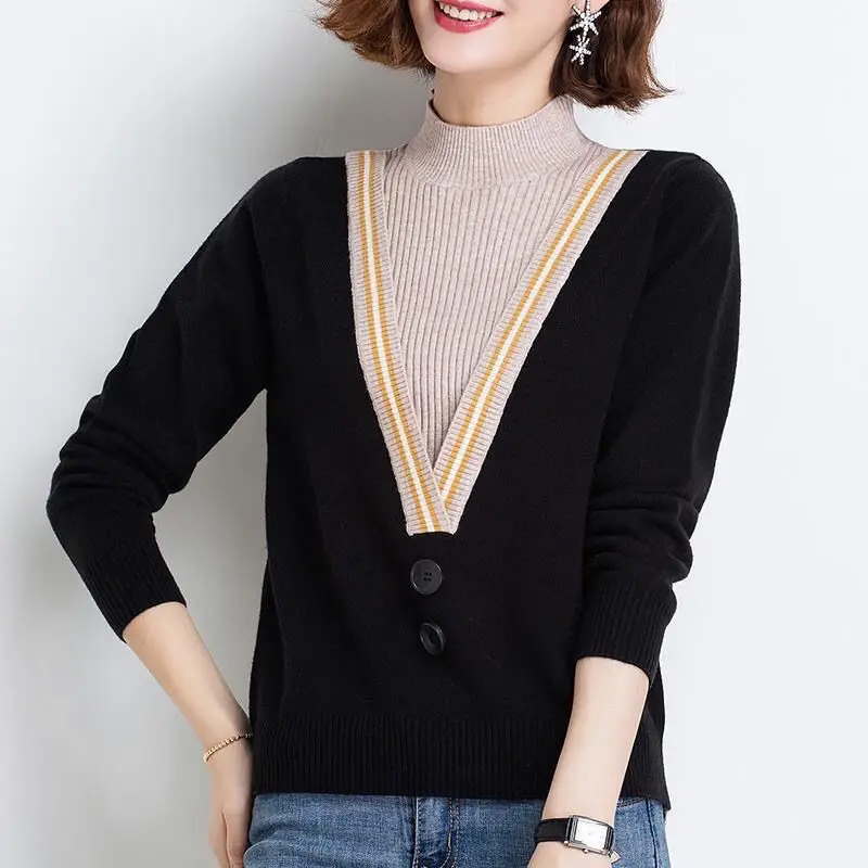 Fashion Loose Fake Two Pieces Spliced Sweaters Autumn Winter Women's Clothing Casual Half High Collar Lady Knitted Pullovers