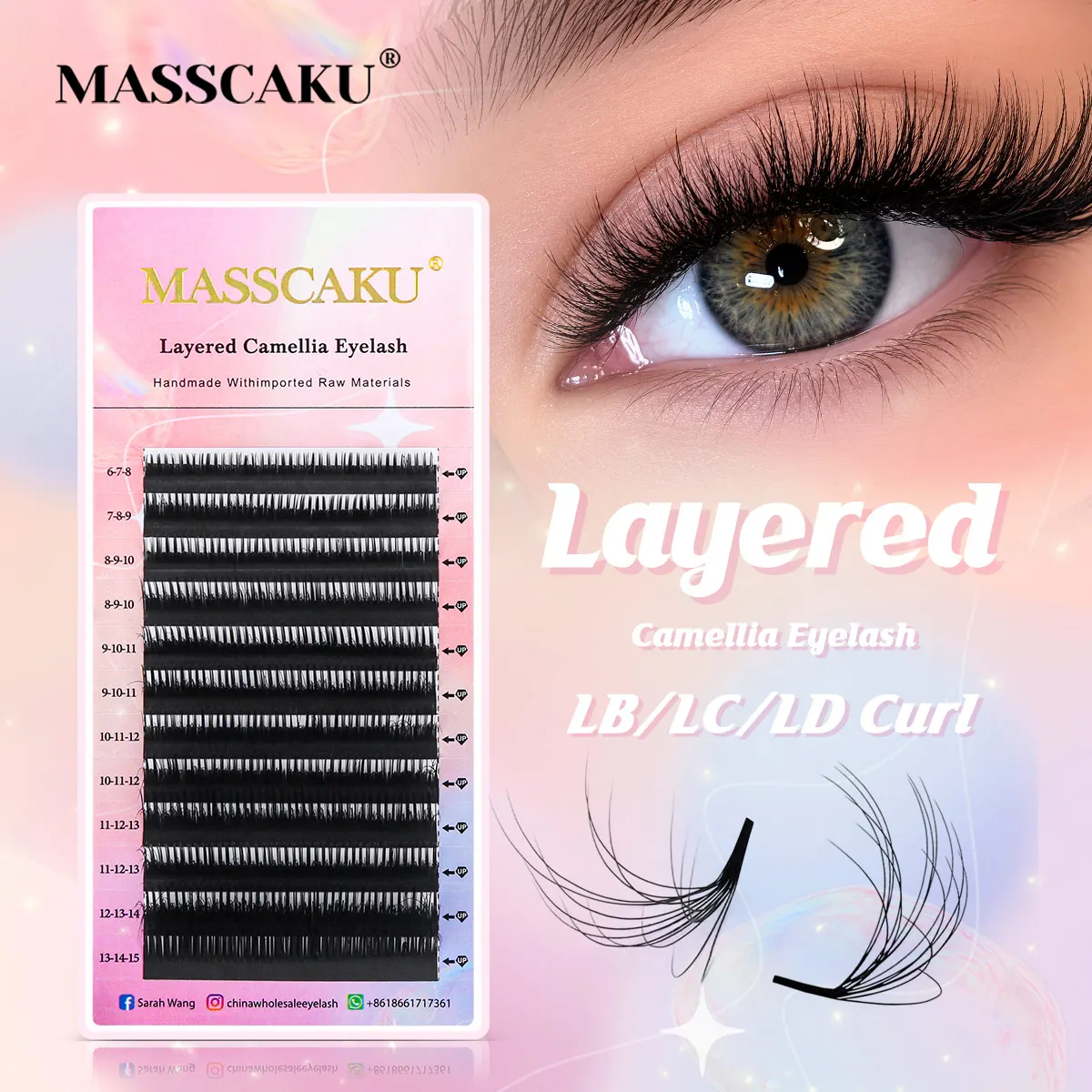 

MASSCAKU Fluffy Camellia Premade Fans LB LC LD Curl Double Layer Eyelash Extensions Soft Volume Effect 8-15mm Mixed