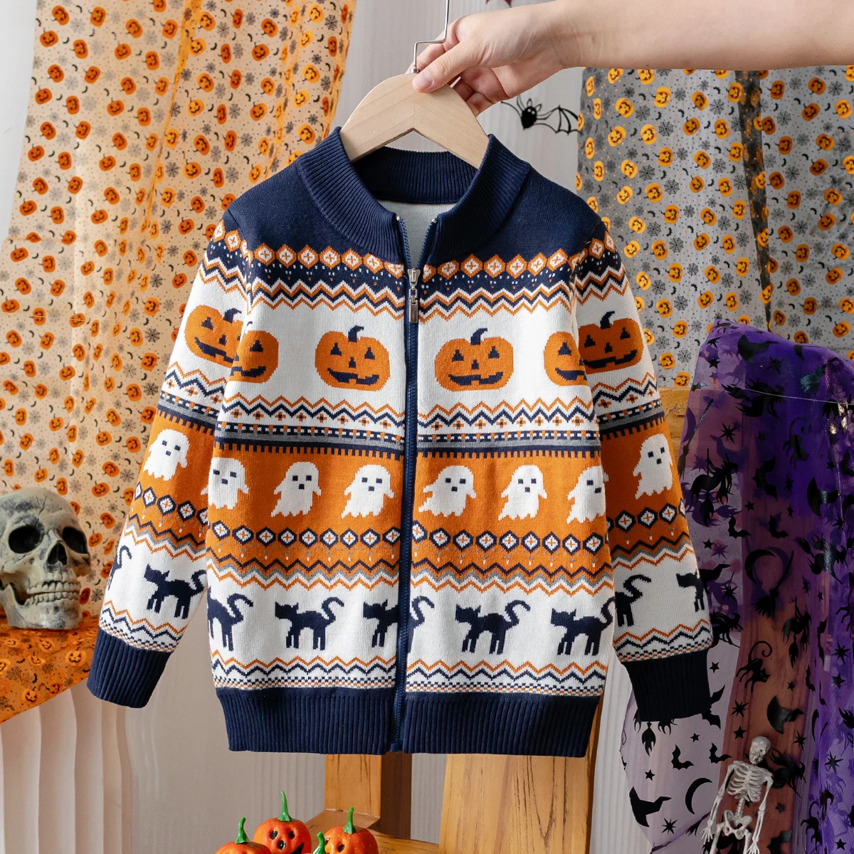 Boys and girls Halloween pumpkin ghost black cat geometric jacquard stand up collar long sleeved sweater cardigan jacket
