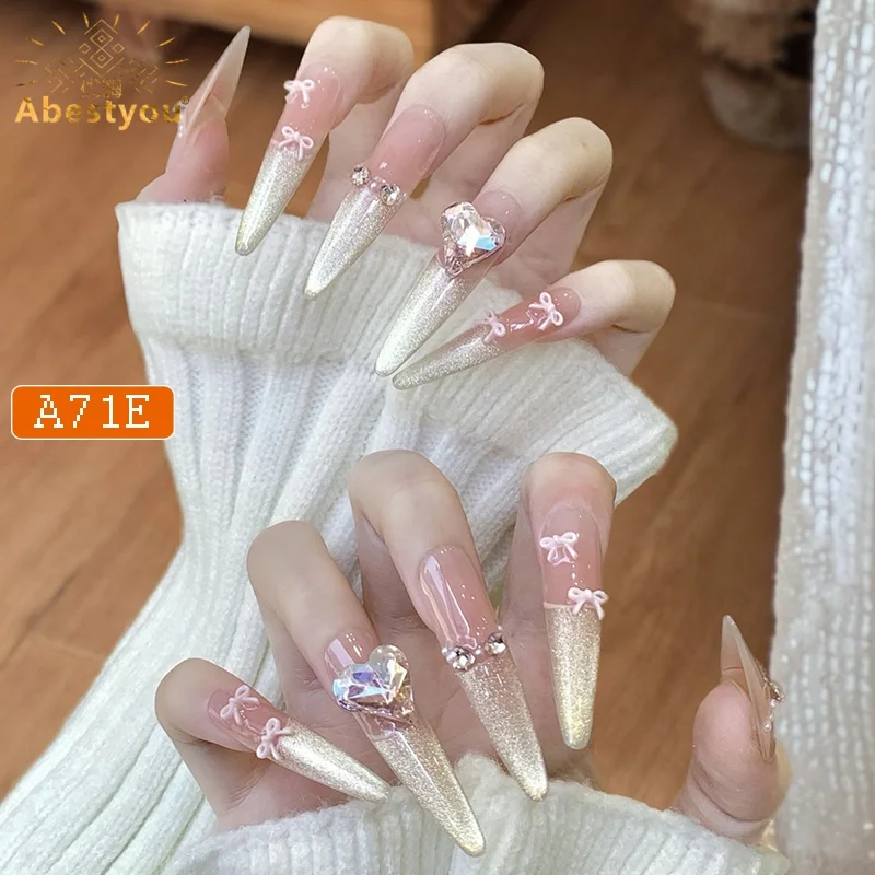 

Abestyou High Quality 10pc Long Molds Handmade Press on Nails Golden French Almond Cat Eye Faux Nail Art Stickers Tipsy Manicure