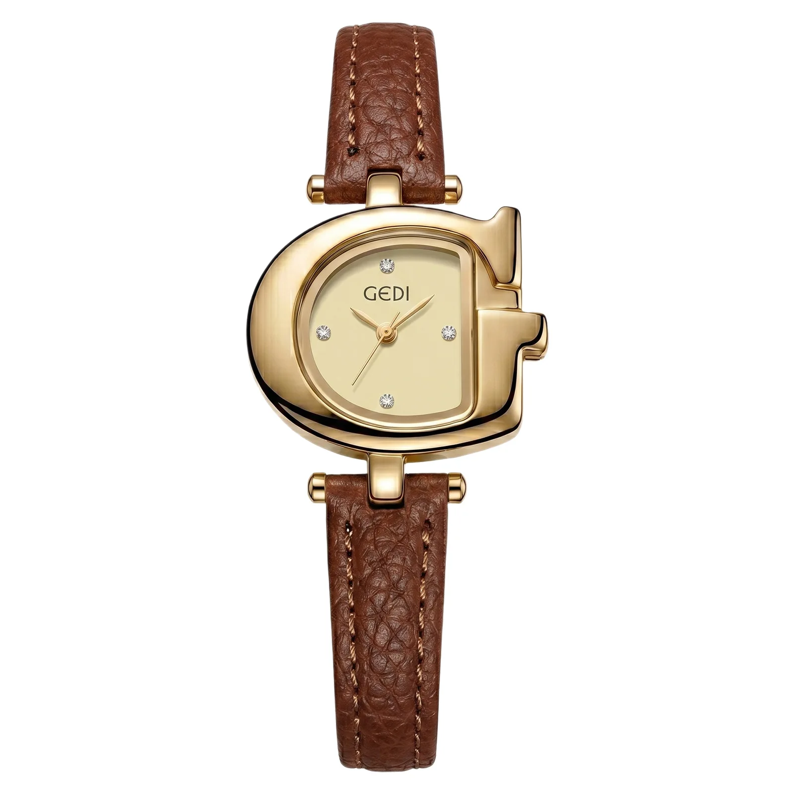 GEDI Women's Retro Diamond Studded Leather Strap Quartz Watch Personalized Dial Light Luxury Fashion Clock