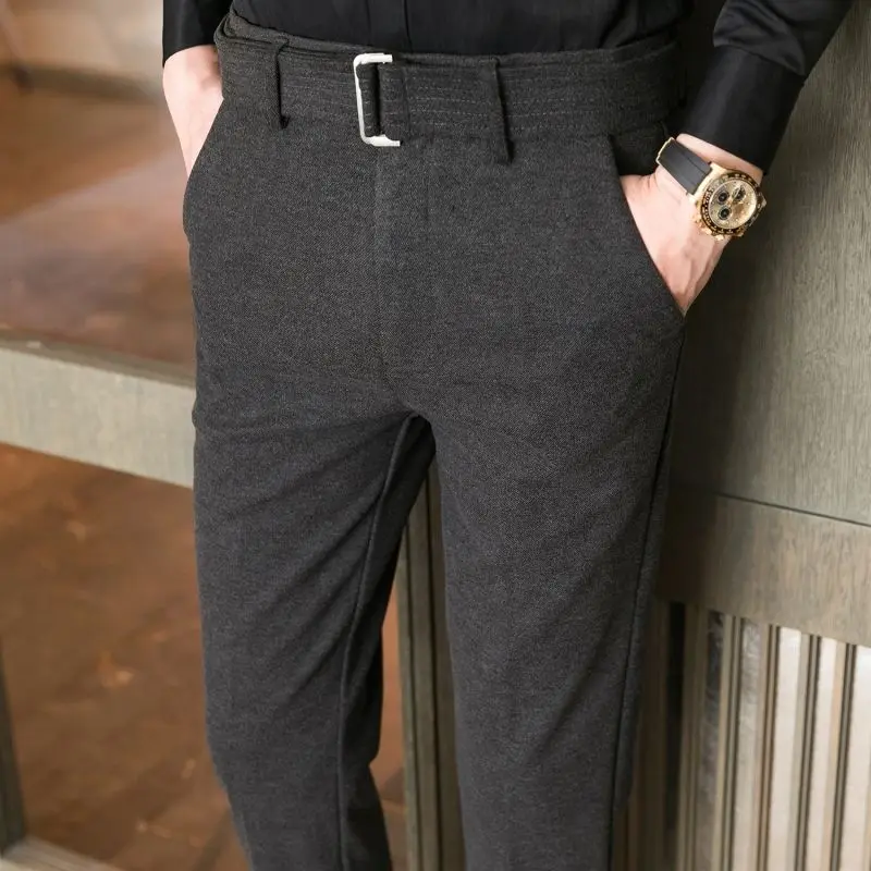 2023 Autumn and Winter Men\'s Fashion Solid Color Fabric Casual Thickened Wool Business Brushed Straight Tube Versatile Pants