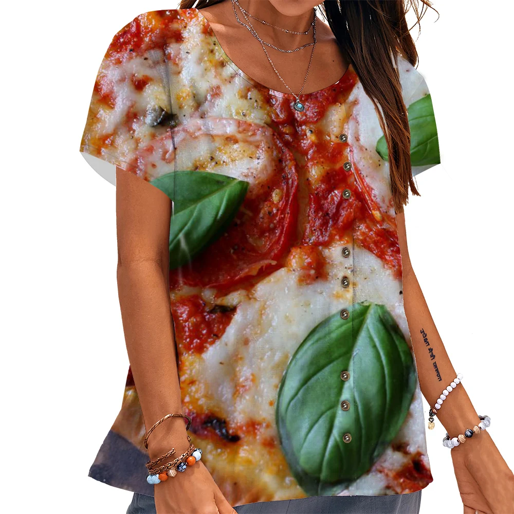 

CLOOCL Fashion Women T-shirt Fast Food Pizza Graphics 3D Printed Tees Button Decorate Short Sleeve Blouse Aesthetic Shirts