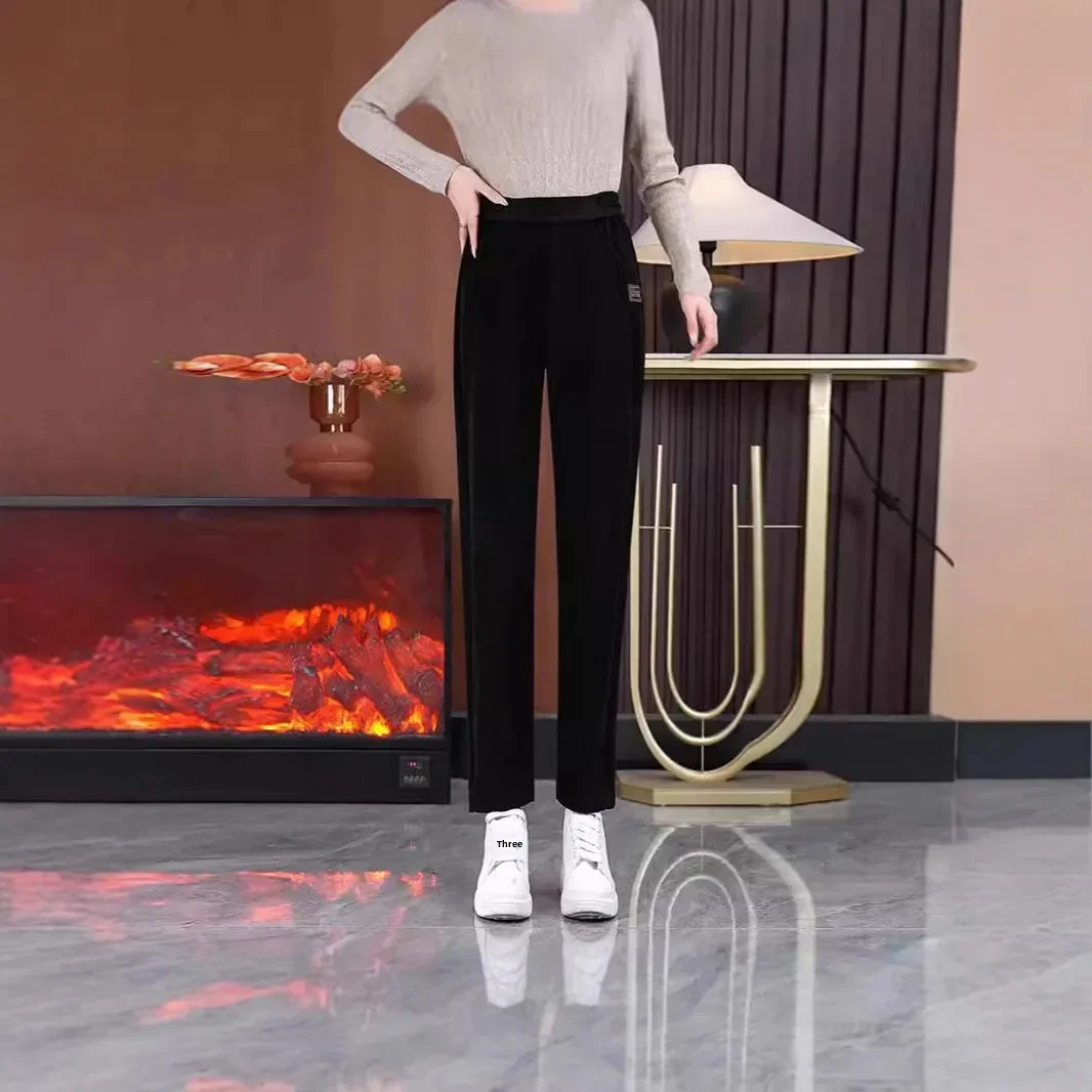 سراويل تقليدية فضفاضة تناسب السراويل الدافئة الخريف/الشتاء الموسم نمط جديد التخسيس عالية الخصر مستقيم الساق الصوف مبطن #4