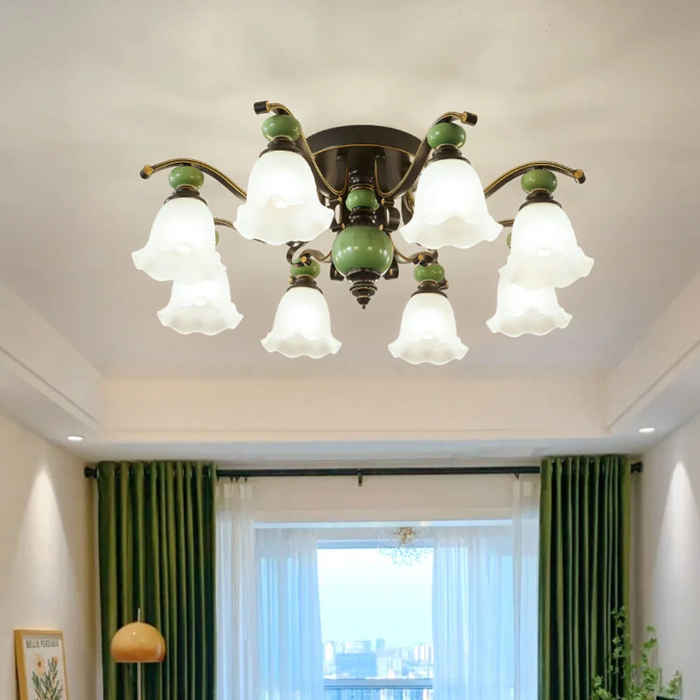 American Retro Ceiling Chandelier 3/6/8 Heads Green Ceramic Decor Frosted Glass Shade Vintage Pendant Light for Living Room