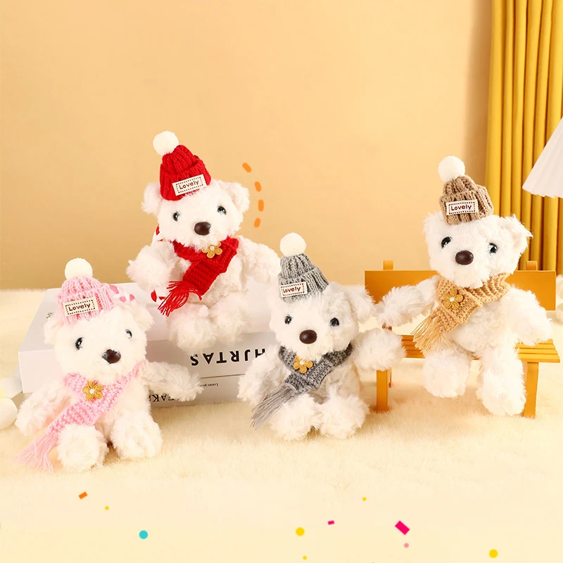 Cartoon Wool Knitted Flower Scarf Bear Doll Keychain Lovely Hat Sitting Posture Teddy Bear Animal Car Key Accessories Keyring