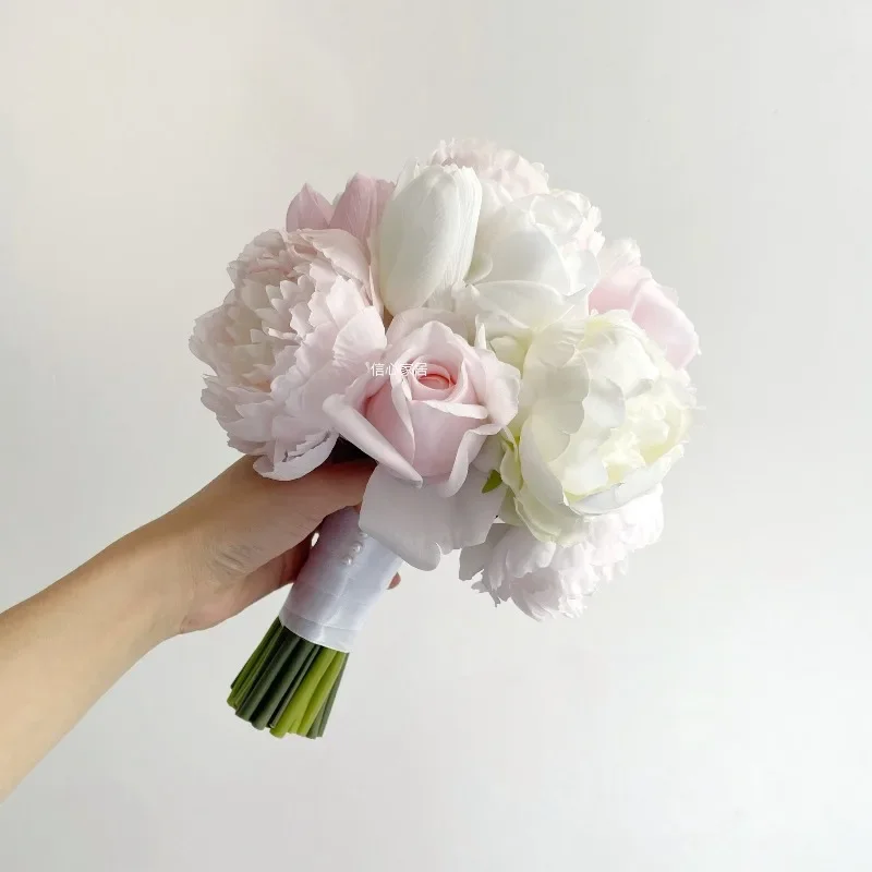 White and pink bouquet simulated flower bride wedding certificate moisturizing rose peony silk flower photo studioClassical