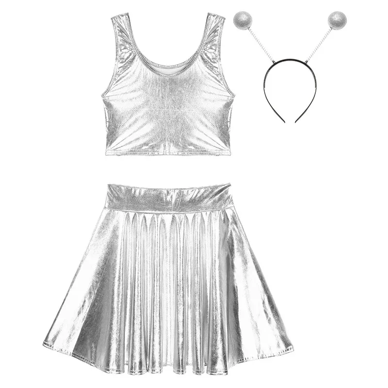 Womens Halloween Alien Costumes Astronaut Cosplay Uniforms Dress Space Clothing Shiny Metallic Tank Tops and Mini Skirt Set