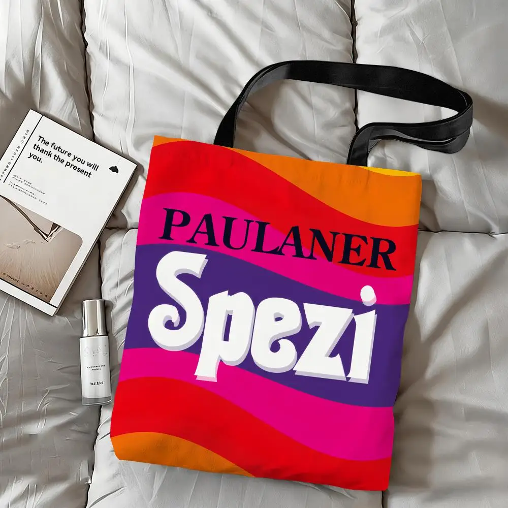 P-Paulaner Spezi Bolsas de almacenamiento con logotipo Bolso de mano de lona con estampado de doble cara Bolso de compras de moda de hombro de gran capacidad