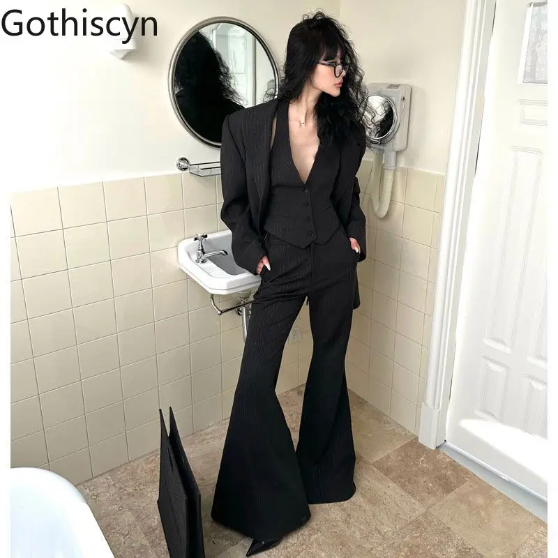 

Gothiscyn Commuter Suit Women's Spring and Autumn Black Tailored Coat Slim Fit Vest Flared Pants Three-piece Set Female Clothes