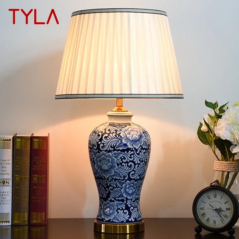 

TYLA American CeramicTable Lamp Blue Classical Creativity Living Room Bedroom Study Hotel engineering Desk Light