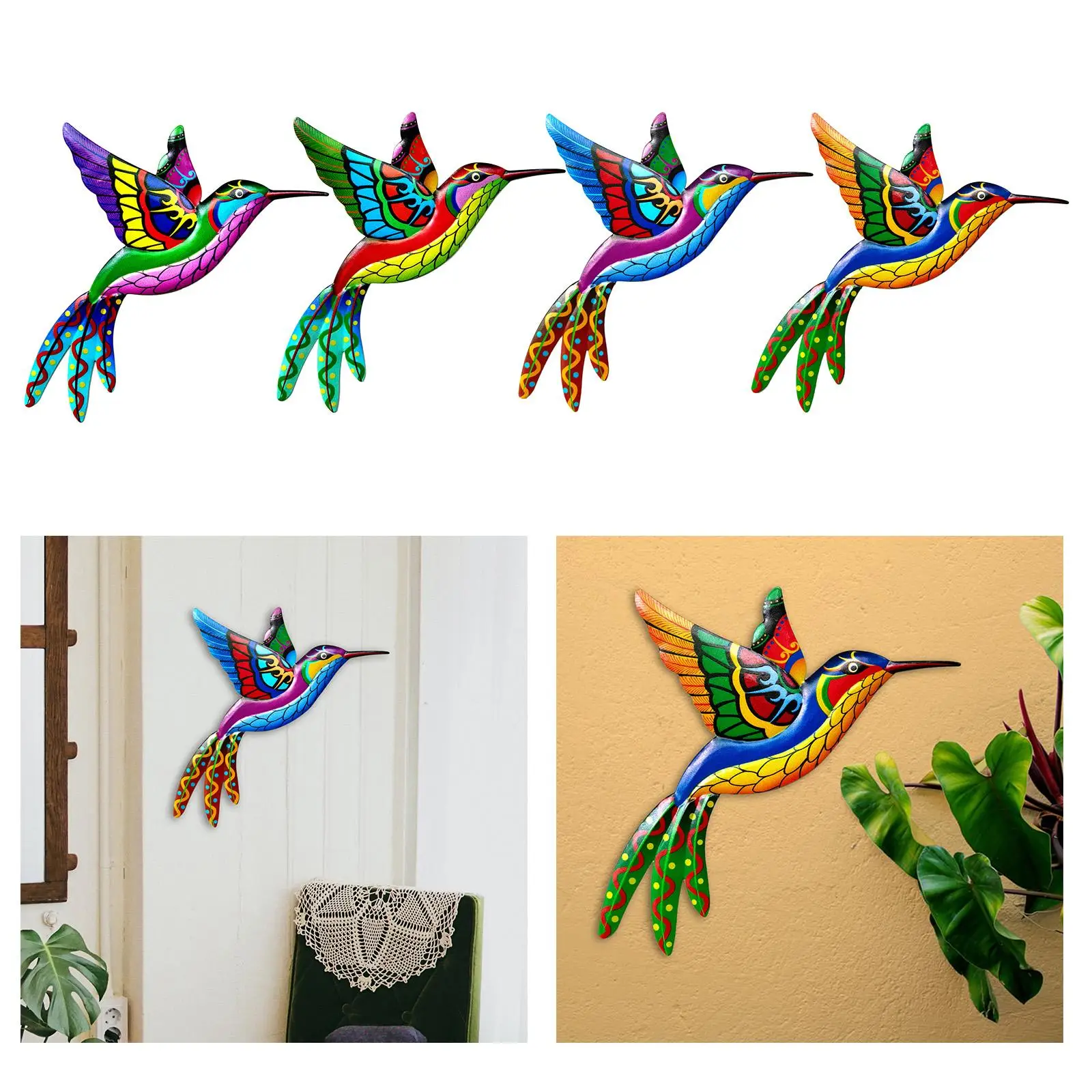 Metal Hummingbird Hanging Statue Colorful Artwork Easy Install Sculpture Anti-Rust Ornaments Home Decor Wall Decor for Garden